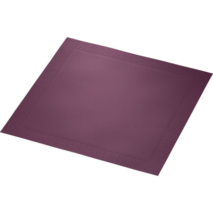 The Duni GmbH classic napkin 40 x 40 cm, 4-ply, embossed 1/4 fold is a square purple paper placemat with a textured edge and smooth center, ideal for an elegantly set table. Photographed on a white background.