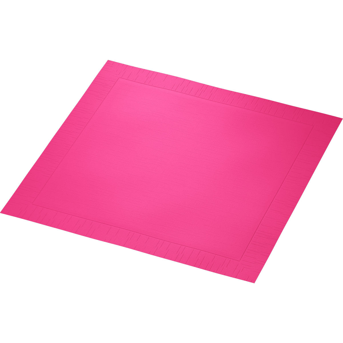 A Duni GmbH classic napkin 40 x 40 cm, 4-ply, embossed 1/4 fold napkin in bright pink lies flat on a white background, showing its textured edge and smooth center.