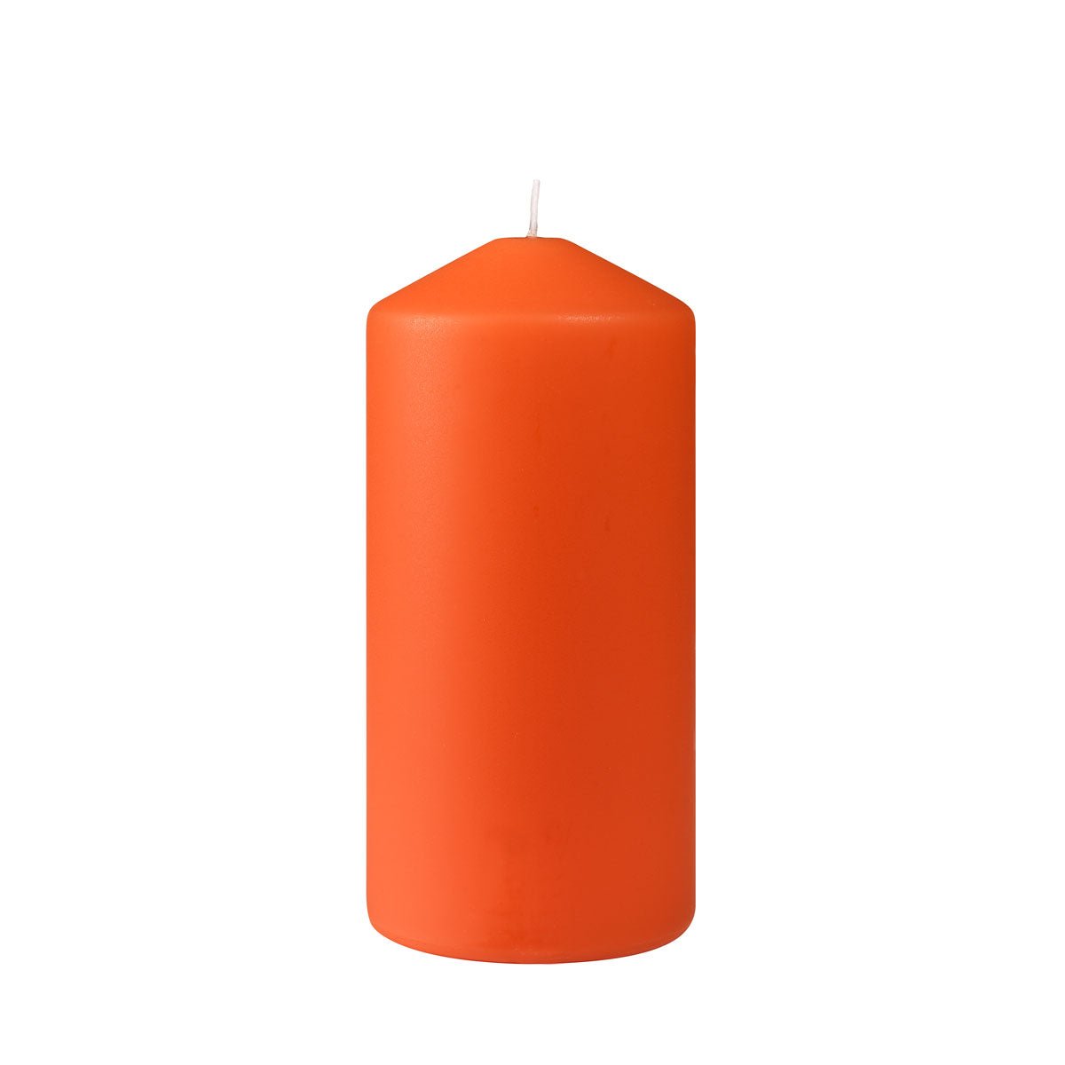 The Duni GmbH pillar candle, approx. 50h (150 x 70 mm), is a simple orange cylindrical candle with a flat bottom and a white wick, standing upright against a white background. It offers an impressive burn time of approximately 50 hours.