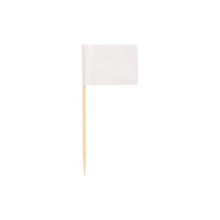 A small, simple white rectangular flag from PAPSTAR GmbH – PAPSTAR 500 Deco-Picker 8 cm white – is presented on a wooden pick against a white background and is ideal for stylish presentations.