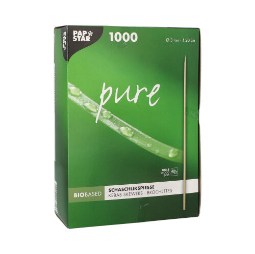 A green box with the inscription "PAPSTAR Skewer sticks wood pure" (Ø 3 mm, 20 cm, 1000 pieces) from PAPSTAR GmbH shows a skewer and a close-up of a dewy green plant.