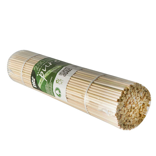 A bundle of PAPSTAR 250 bamboo skewers, "pure" from PAPSTAR GmbH, packaged in clear film with a green-white side label with product details and recycling symbols.