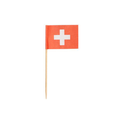 The decoration pick PAPSTAR 100 from PAPSTAR GmbH features small Swiss flags with a white cross on a red background, mounted on wooden sticks – perfect for stylish presentations or as an accent for buffets.