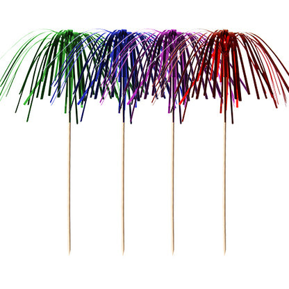 The PAPSTAR 100 decoration picks from PAPSTAR GmbH are high-quality, robust wooden picks with metallic tinsel in green, blue, purple, and red - ideal as mini palm trees for stylish party decor!