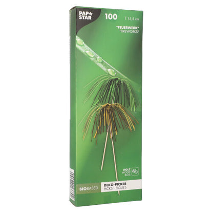 The PAPSTAR 100 decoration pick from PAPSTAR GmbH includes 100 bio-based skewers in firework form with metallic green and gold strands, each 15.5 cm long - ideal for stylish presentations and buffets.