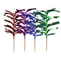 Vier Metallic-Folienpalmen-Cupcake-Topper in den Farben Rot, Lila, Blau und Grün von PAPSTAR 144 Deko-Picker farbig sortiert by PAPSTAR GmbH sind auf hölzernen Zahnstochern befestigt und in einer Reihe auf weißem Hintergrund angeordnet.