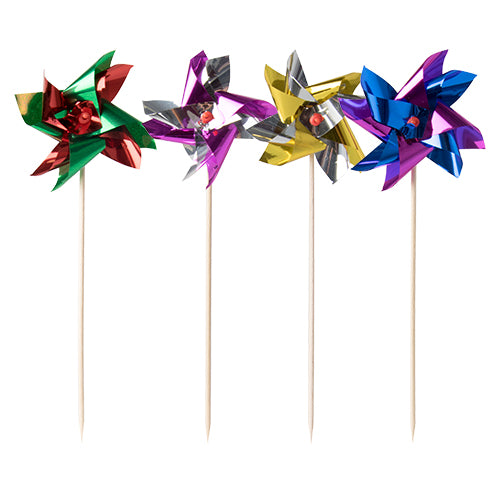 Four stylish PAPSTAR 100 decoration pick windmills from PAPSTAR GmbH, each on wooden sticks, display bright combinations of red, green, purple, yellow, blue, and silver - perfect for decorative presentations against a white background.