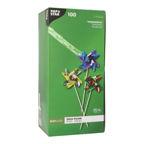 A green box with the inscription "PAPSTAR 100 decoration picks" from PAPSTAR GmbH contains 100 high-quality, robust decoration picks in windmill form (11.75 cm), ideal for stylish presentations and with a bio-base. Three colorful picks adorn the packaging.
