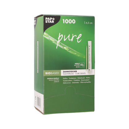 A green dispenser box of PAPSTAR toothpick "pure" round, made of wood, 6.5 cm from PAPSTAR GmbH contains 1000 wooden toothpicks and is provided on the front with product details and a toothpick image.
