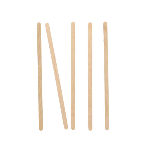 Five PAPSTAR "pure" stirring sticks from PAPSTAR GmbH stand upright on a white background, with the fourth stick tilted left like notches. The light natural wood gives the stirring stick a clear, minimalist touch.