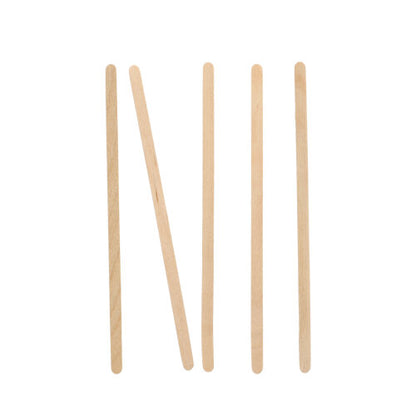 Five PAPSTAR "pure" stirring sticks from PAPSTAR GmbH stand upright on a white background, with the fourth stick tilted left like notches. The light natural wood gives the stirring stick a clear, minimalist touch.