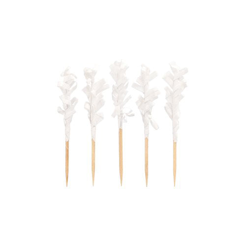 Five PAPSTAR 1000 decoration picks "Frills" (6.8 cm) from PAPSTAR GmbH with white paper frill attachments are arranged in a row on a plain background – ideal for a stylish table decoration.