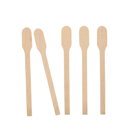 Five PAPSTAR "pure" stirring sticks from PAPSTAR GmbH are arranged vertically on a white background. Each wooden stirring stick stands out with its naturally light color, flat, rounded end, and long handle.