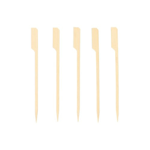 Five PAPSTAR 250 finger food skewers "pure" by PAPSTAR GmbH with flat, angled wooden ends are arranged vertically and evenly against a white background - ideal for your next party buffet or finger food presentation.