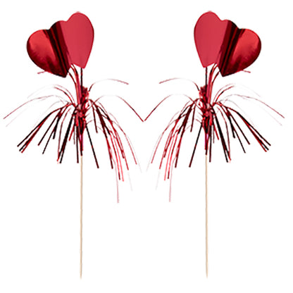 The decoration pick PAPSTAR 100 from PAPSTAR GmbH features two red heart picks with metallic streamers – ideal for stylish presentations or buffets, here on a white background.