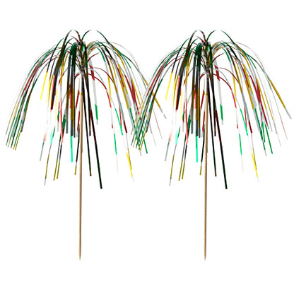 Two metallic colorful decoration picks of type PAPSTAR 100 from PAPSTAR GmbH with long, thin strands on wooden sticks, fanned out like fireworks - ideal for stylish buffets or presentations - on a white background.