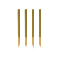 Four PAPSTAR finger food skewers (11 cm, natural wood) from PAPSTAR GmbH are arranged vertically against a white background - each with a pointed end and flat top. Perfect for parties, these 200-piece trays are sustainable and biodegradable.