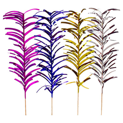 The decoration pick PAPSTAR 100 from PAPSTAR GmbH presents metallic palm leaves in pink, blue, gold, and silver with thin stems and a shiny surface – ideal for stylish buffet presentations. Arranged on a white background.