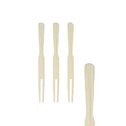Four PAPSTAR finger food skewers "pure" (8.5 cm) made of wood lie vertically on a white background, three close together and one at the right edge - perfect party accessories from PAPSTAR GmbH, can with 500 pieces.