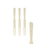 Four PAPSTAR finger food skewers "pure" (8.5 cm) made of wood lie vertically on a white background, three close together and one at the right edge - perfect party accessories from PAPSTAR GmbH, can with 500 pieces.