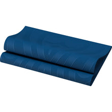 A blue yoga mat with a wavy texture is rolled up on a white background and reminiscent of the elegant look of the Elegance napkins 40x40 cm dark blue-premium table decoration by Duni GmbH in a pack of 40 napkins.