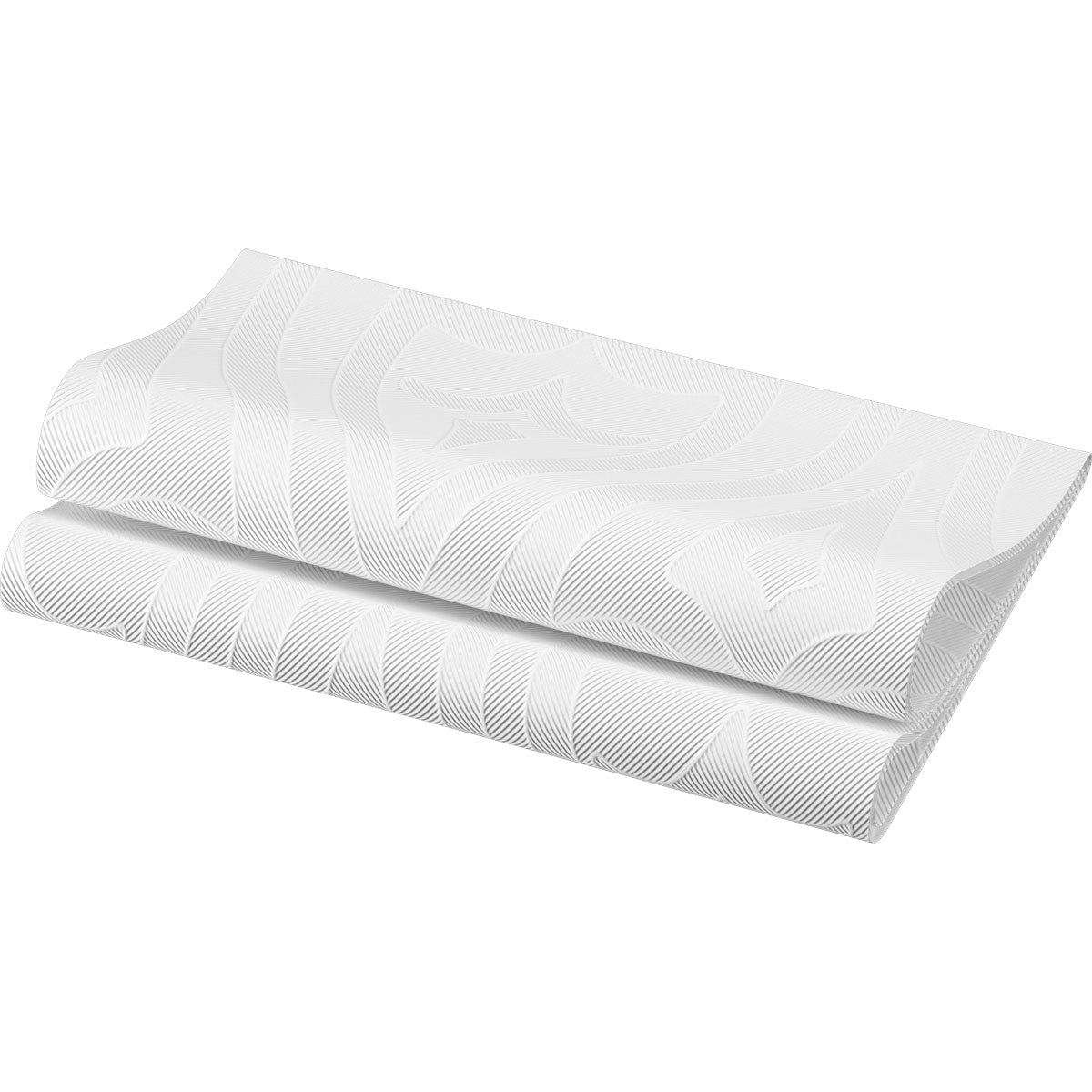 Folded white Elegance napkins 48 x 48 cm 1/4 fold Lily by Duni GmbH, with a subtle geometric pattern of thin, raised lines that form abstract shapes on the surface reminiscent of Lily design.