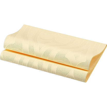 A folded light yellow napkin Elegance napkins 48 x 48 cm 1/4 fold Lily by Duni GmbH with a subtle wavy geometric pattern and a smooth texture is shown on a white background.