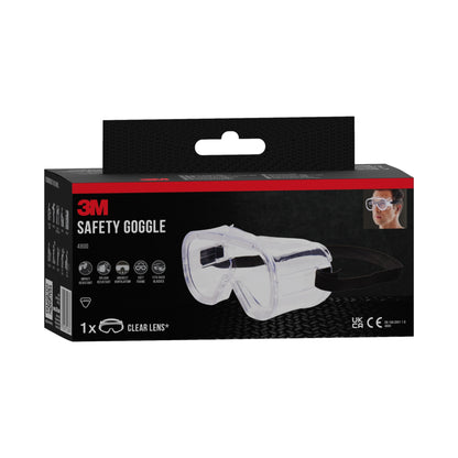 Die 3M™ Classic Schutzbrille 4800 der 3M Deutschland GmbH mit indirekter Belüftung und Klarsichtscheibe ist in einer schwarz-roten Verpackung mit einer Abbildung der Schutzbrille im Einsatz abgebildet; ein Paar ist enthalten.