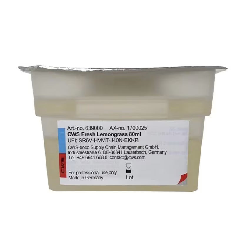 A sealed plastic container labeled "CWS ParadiseLine Washroom Fragrance for Fragrance Dispenser Paradise Air Bar" by CWS, with a foil lid and contact label, intended for professional use of washroom fragrance only.