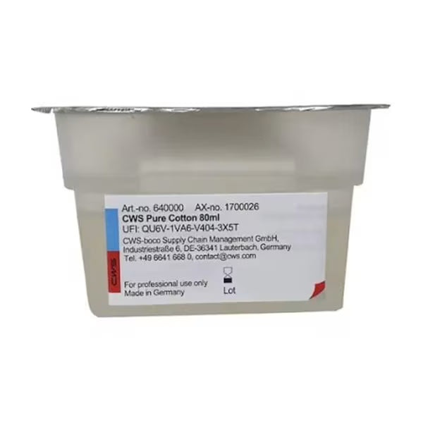 A rectangular plastic container labeled "CWS ParadiseLine Washroom Fragrance for Fragrance Dispenser Paradise Air Bar," with white and gray packaging and blue and red accents. Ideal for fragrance dispensers, manufacturer information on the front. Brand: CWS.