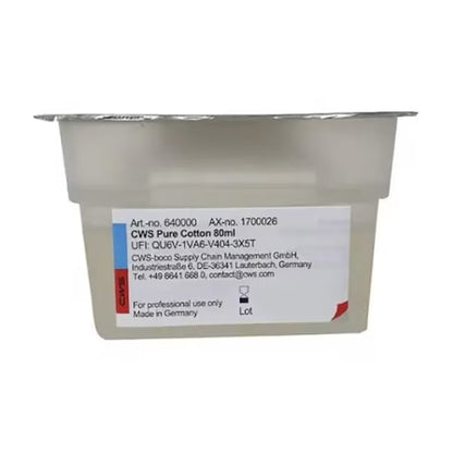 A rectangular plastic container labeled "CWS ParadiseLine Washroom Fragrance for Fragrance Dispenser Paradise Air Bar," with white and gray packaging and blue and red accents. Ideal for fragrance dispensers, manufacturer information on the front. Brand: CWS.