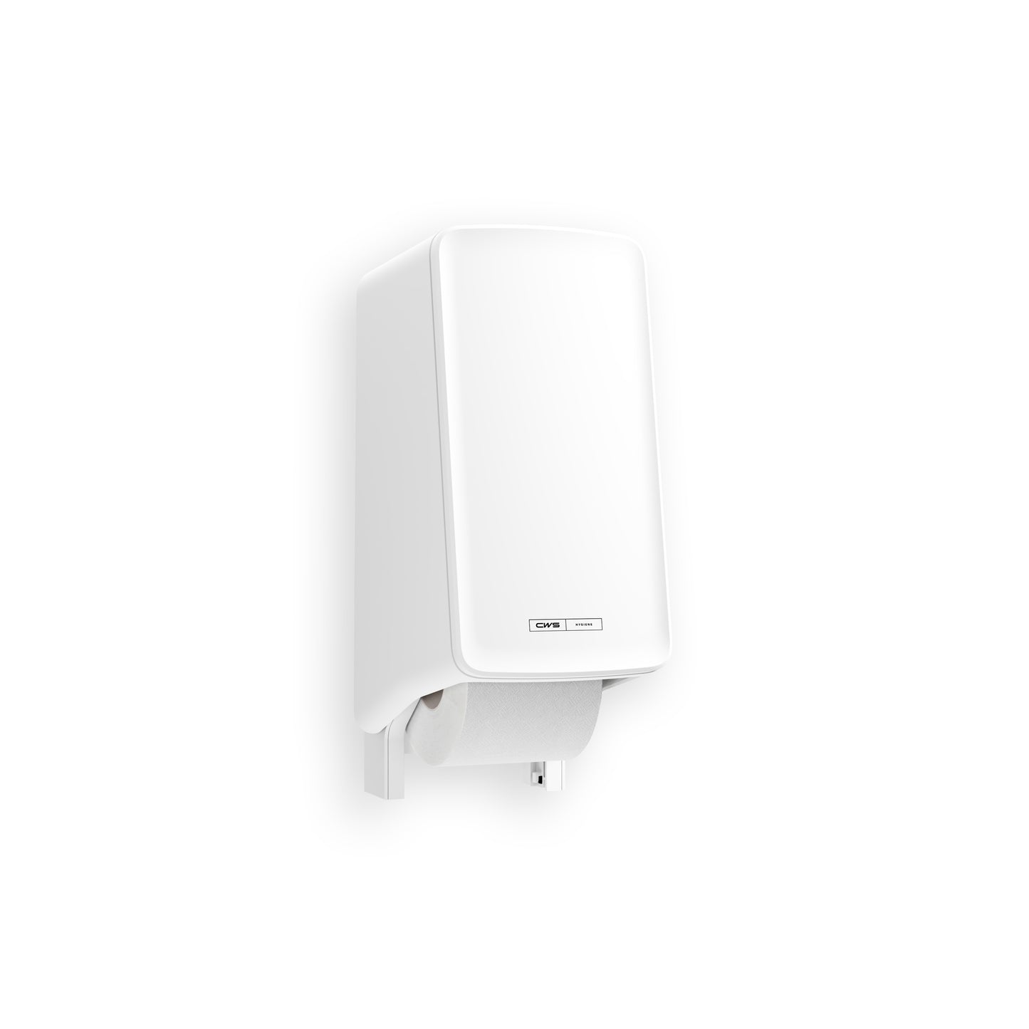 The CWS PureLine toilet paper dispenser (1 piece) from CWS is wall-mounted, made from eco-friendly cellulose, and features a visible roll at the bottom against a plain white background.