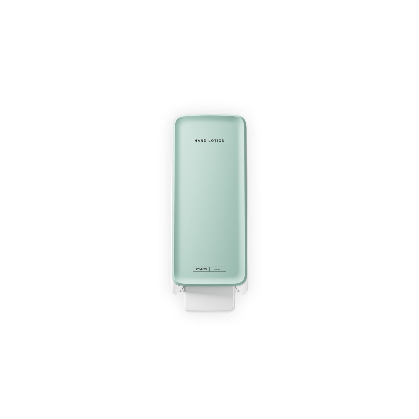 A mint green CWS PureLine front panel for hand lotion by CWS, a rectangular dispenser with the inscription "HARD LOTION", is mounted vertically on a white background and features a white lever at the bottom for easy dispensing.