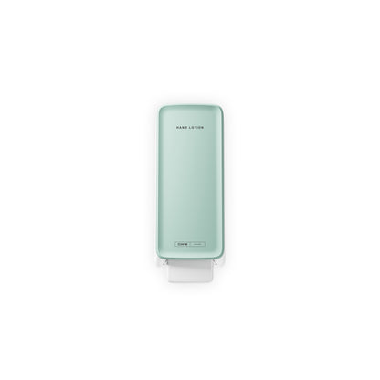 A mint green CWS PureLine front panel for hand lotion by CWS, a rectangular dispenser with the inscription "HARD LOTION", is mounted vertically on a white background and features a white lever at the bottom for easy dispensing.