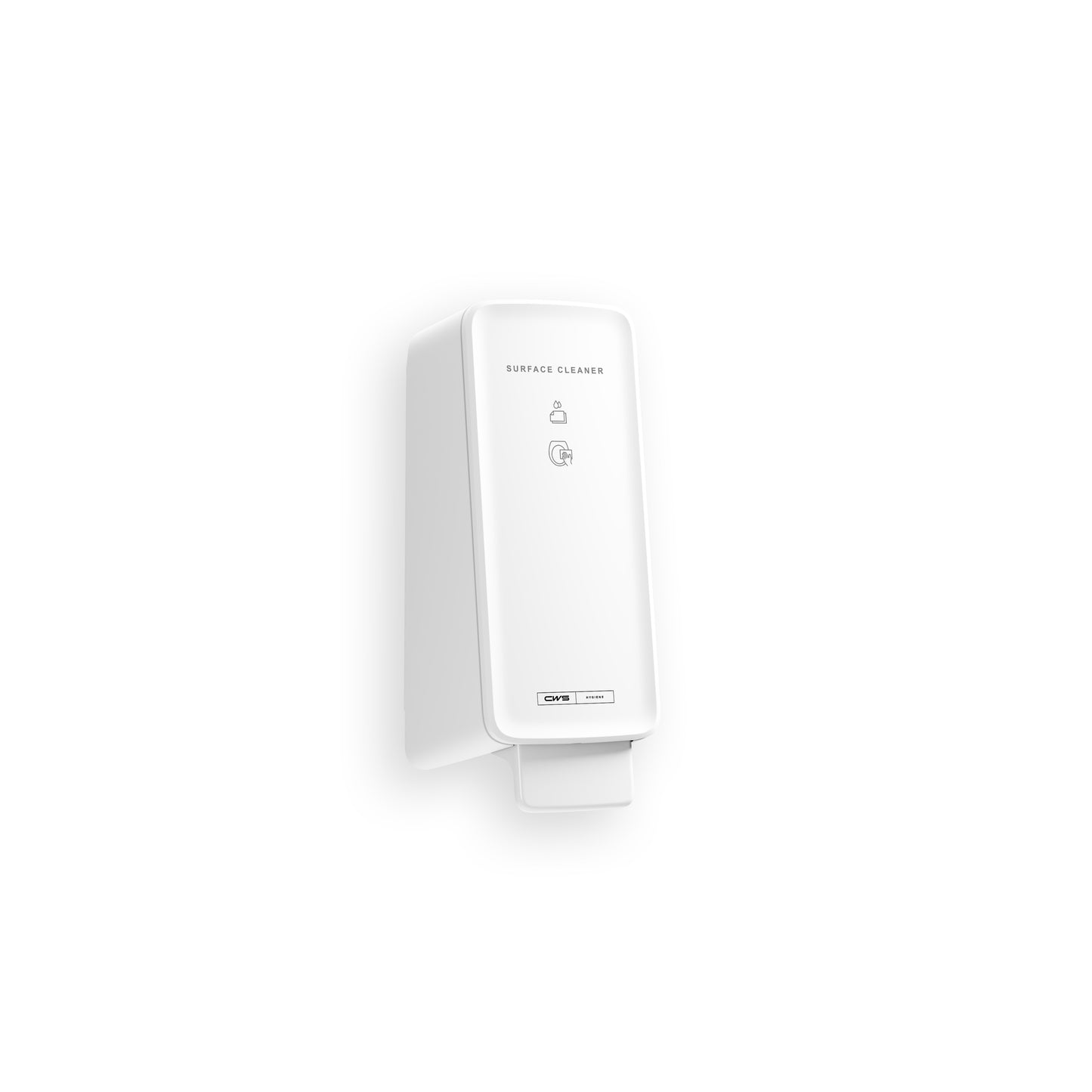 A white, wall-mounted CWS PureLine Surface Cleaner Toilet dispenser with a rectangular, minimalist design shows "Surface Cleaner," simple symbols, and emphasizes hygienic cleaning by CWS for effective bacteria removal in any room.