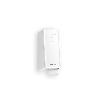 A white, wall-mounted CWS PureLine Surface Cleaner Toilet dispenser with a rectangular, minimalist design shows "Surface Cleaner," simple symbols, and emphasizes hygienic cleaning by CWS for effective bacteria removal in any room.