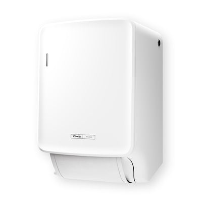 The CWS PureLine Dry | Pack (1 piece) from CWS is a white paper towel dispenser designed for optimal hygiene, providing a clean and efficient toilet solution.