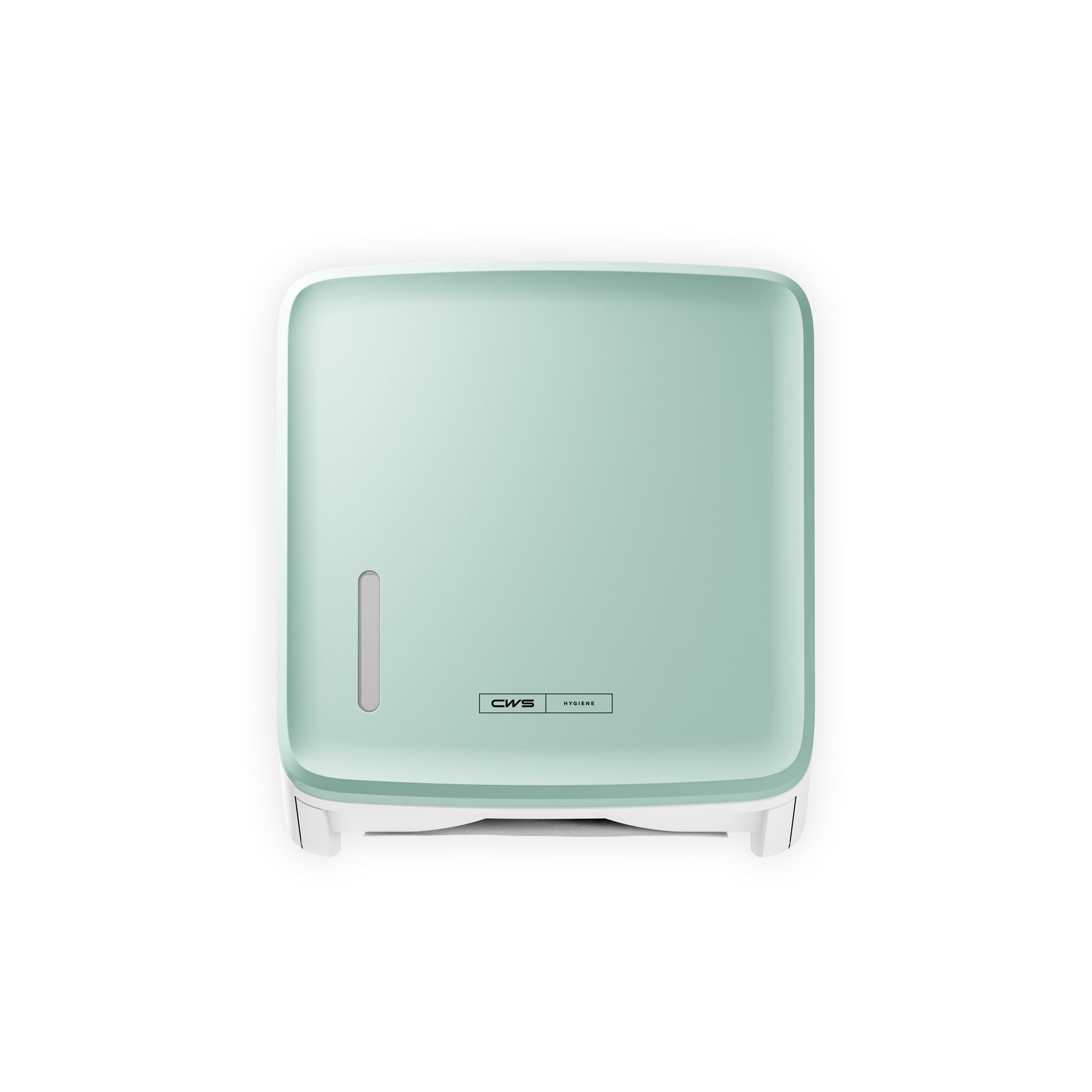 Ein quadratisches, an der Wand montiertes mintgrünes CWS PureLine Frontpanel für den Paper Spender von CWS verfügt über ein kleines ovales Fenster und ein CMS-Logo auf der Vorderseite, das vor einem weißen Hintergrund dargestellt ist.