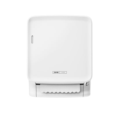 The CWS PureLine Paperroll | Pack (1 piece) from CWS is a white, wall-mounted dispenser with a visible paper towel, set against a plain background - ideal for hygienic and eco-friendly environments.