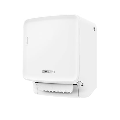 The CWS PureLine Paperroll | Pack (1 piece) from CWS is a white wall dispenser that dispenses a paper towel, isolated on a plain white background - ideal for eco-friendly hygiene requirements.