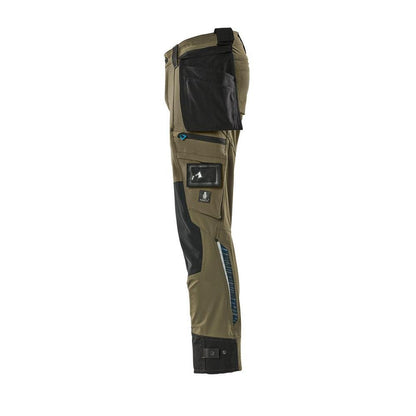 Pants with hanging pockets, stretch pants, moss green