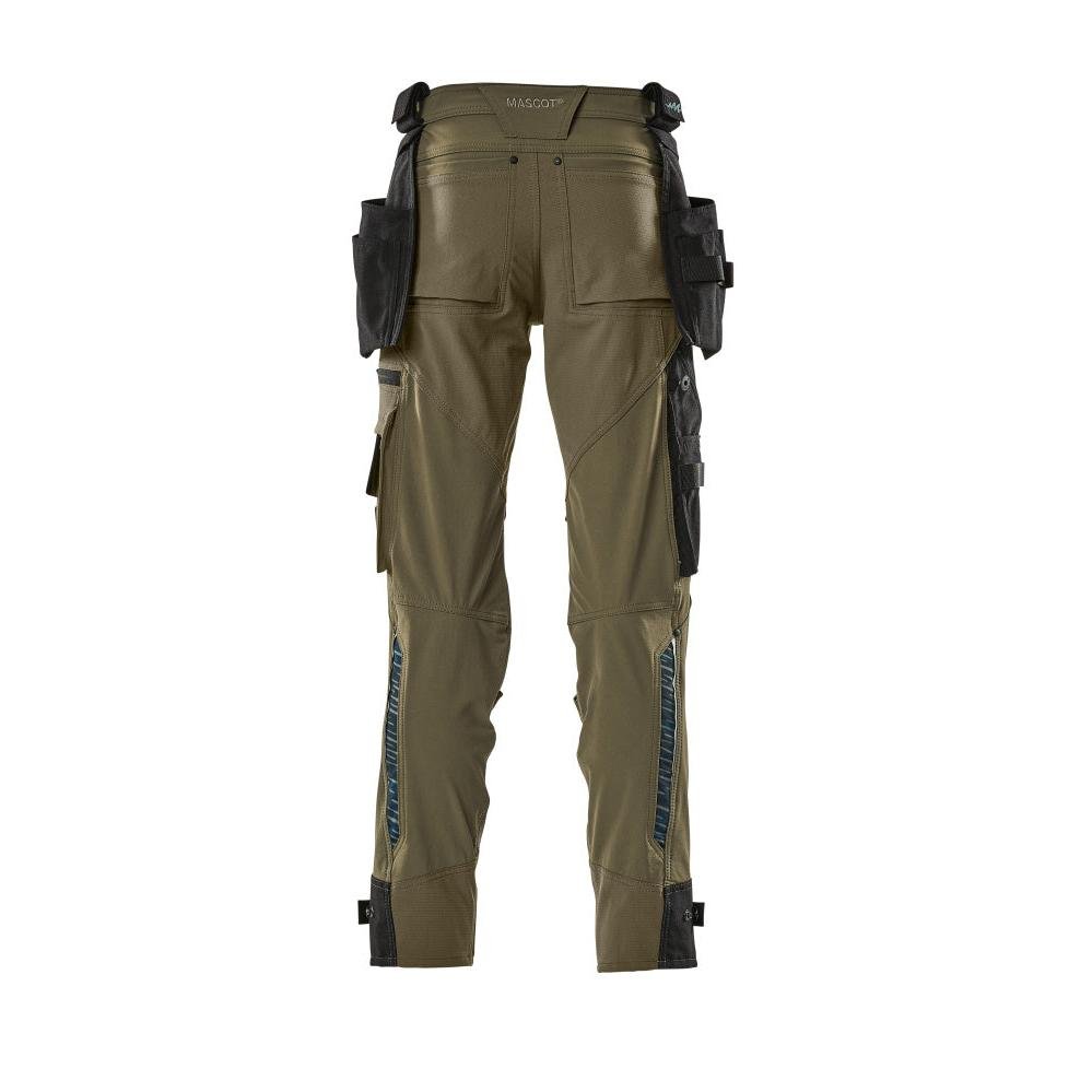 Pants with hanging pockets, stretch pants, moss green