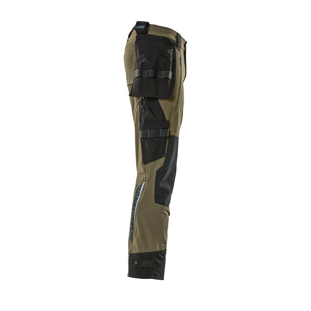 Pants with hanging pockets, stretch pants, moss green