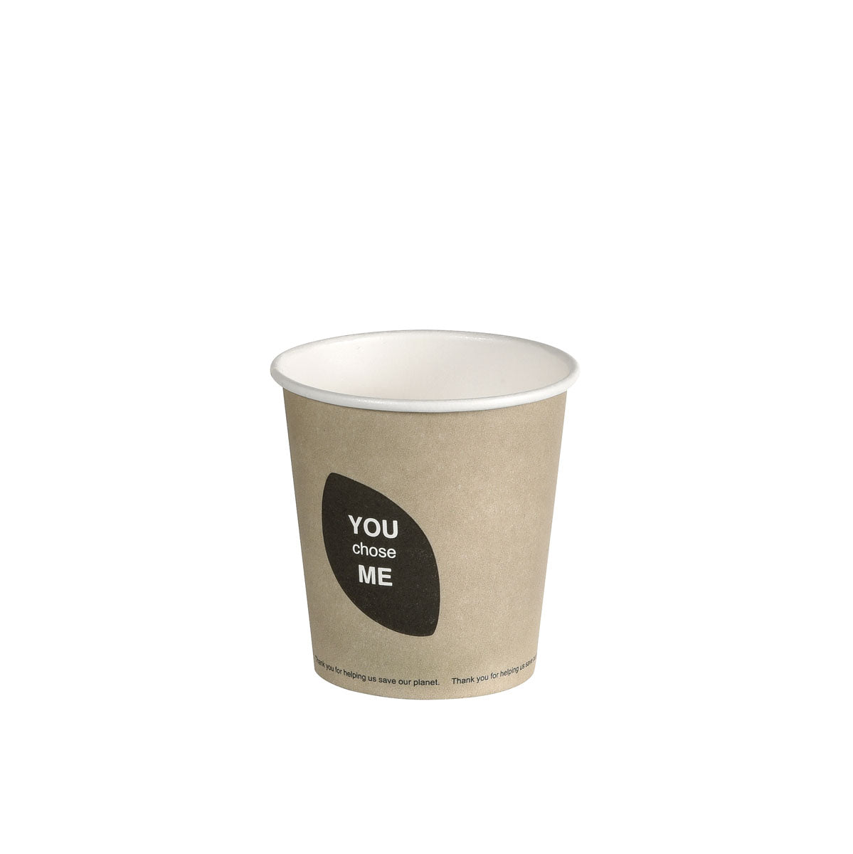 An empty "Thank You Cup, PAP/PLA Printed" from Duni GmbH, brown with black leaf design and white text "YOU chose ME", stands against a neutral white background.