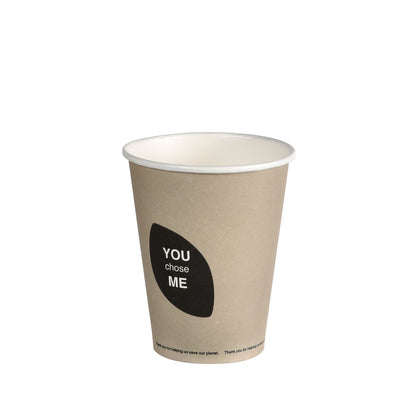 A brown, eco-friendly Thank You Cup from Duni GmbH (PAP/PLA printed) with black design bears the words "YOU chose ME" in white and a small inscription at the bottom. Plain white background.