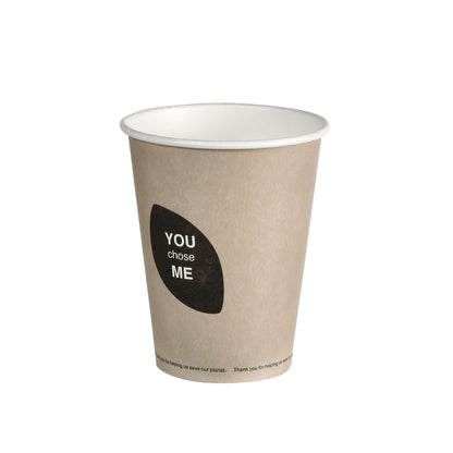 The PAP/PLA printed Thank You Cup from Duni GmbH is brown with a white interior. "YOU chose ME" is in white on a black background along with smaller text at the bottom; the cup is centrally placed on a white background.