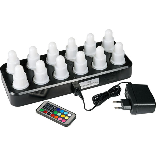 Eine schwarze Ladestation fasst 12 Auslaufartikel LED-Multicolour (70 x 40 mm) der Duni GmbH. Ein Netzadapter und eine Multitasten-Farbfernbedienung sind im Lieferumfang enthalten - perfekt für stimmungsvolle Beleuchtung und Partydekoration.