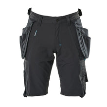Shorts, removable hanging pockets, stretch craftsman shorts, black-blue