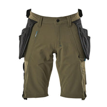 Shorts, removable hanging pockets, stretch craftsman shorts, moss green