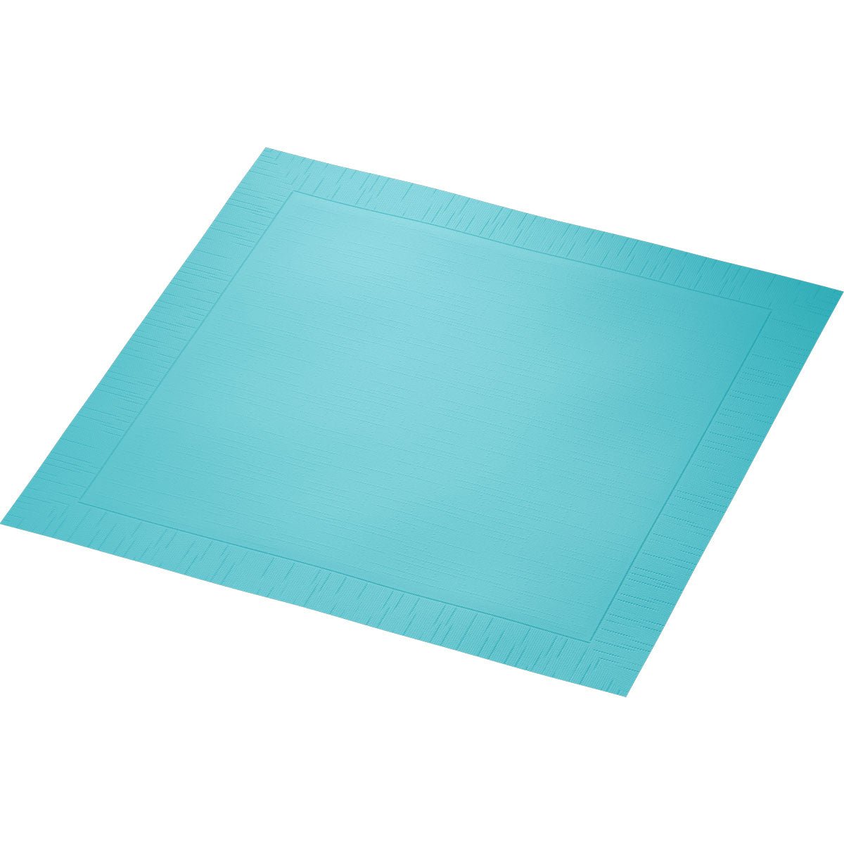 A rectangular, aqua blue disposable paper placemat with an embossed edge is depicted on a white background. Perfectly matches the Duni GmbH classic napkins 40 x 40 cm, 4-ply, embossed, 1/4 fold for a stylishly set table.